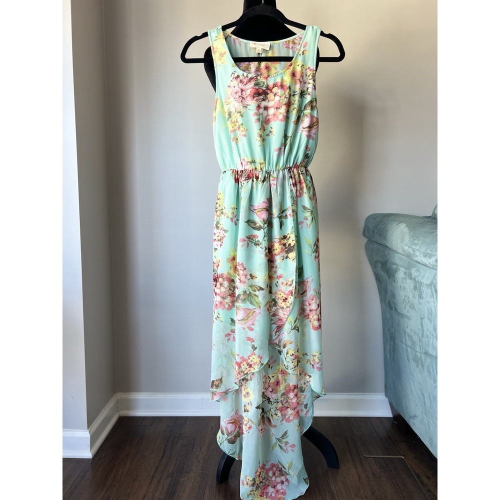 Coquette Country Garden Party Aqua Floral Hi Low Dress With Train Women's Size S